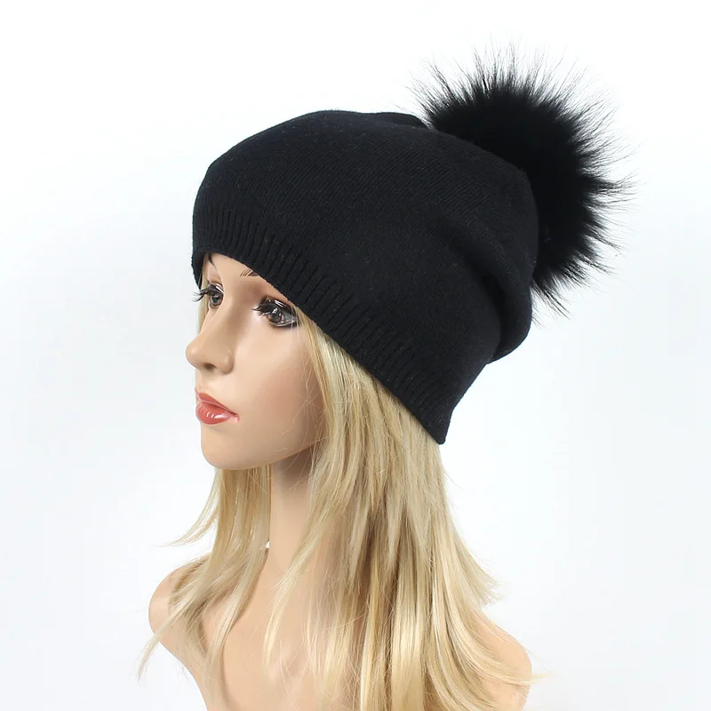 

Women's Cashmere Beanie Hat Winter Casual Real Pompon Beanies Fur Hat Female Warm Caps With Natural Genuine Raccoon Fur Cap