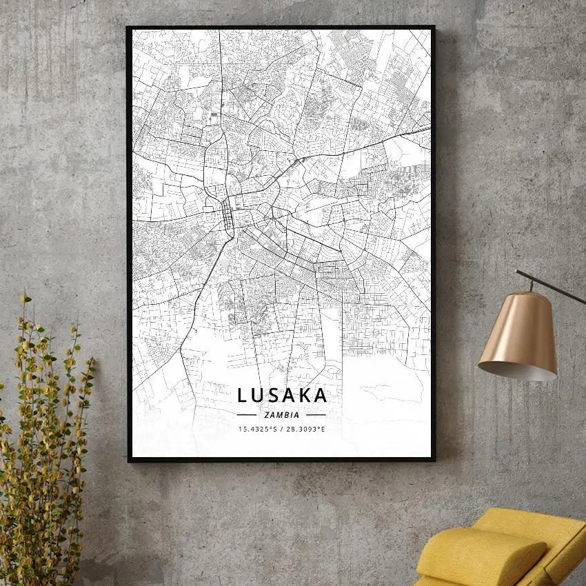 

Black and White Lusaka Zambia Latitude Longitude Canvas Art Map Poster
