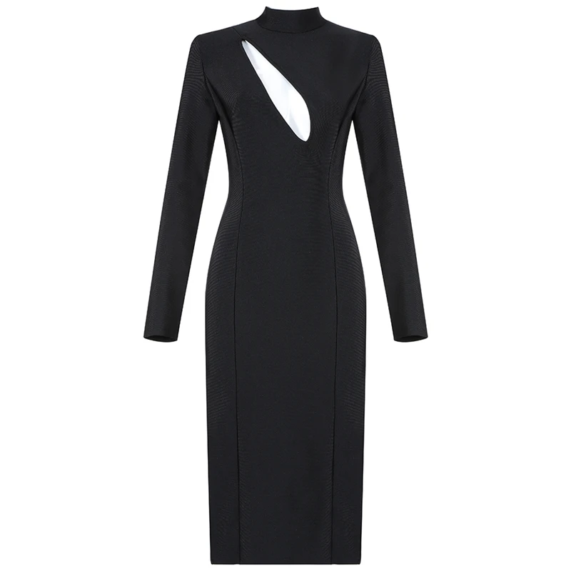 

INDRESSME 2020 New Sexy Women Spring Fashion Vestidos O Neck Hollow Out Long Sleeve Bandage Dress Party Club Mid Calf Dress
