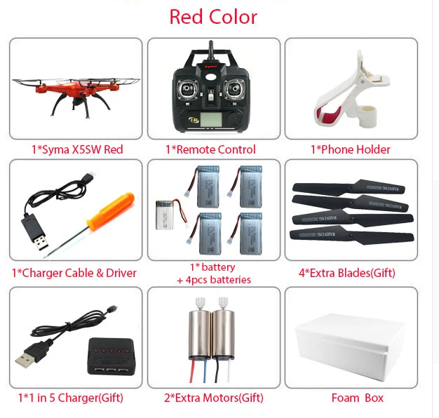 SYMA X5SW/X5SW-1 Дрон с Wi-Fi для квадрокоптера с видом от первого лица Камера Безголовый 6-Axis в реальном времени видео р/у вертолет Квадрокоптер с 5 Батарея - Цвет: Red X5SW
