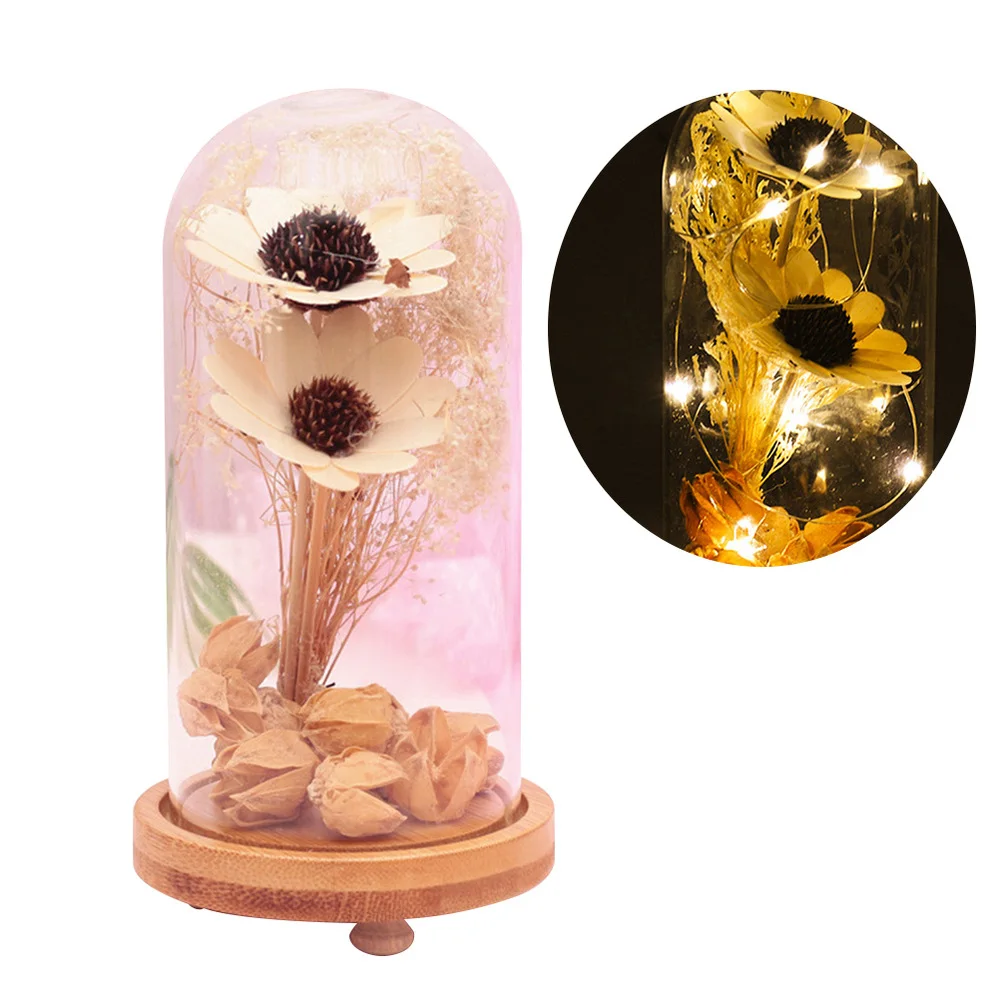 

1PC USB Glass Cover LED Light Simulation Immortal Rose Desktop Ornament Valentines Day Gift for Lady Home Decoration (Rand