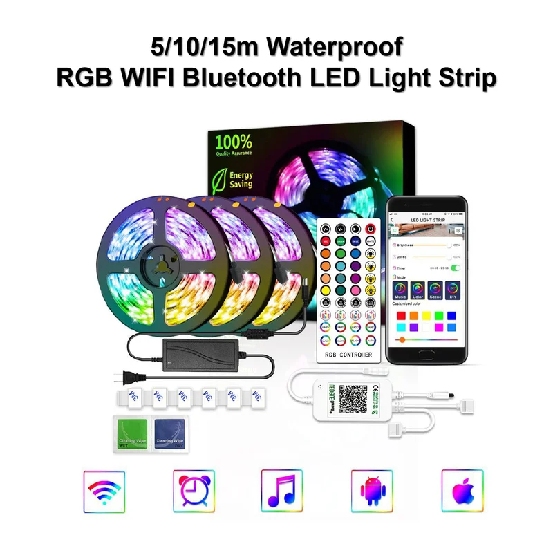 

Светодиодная ленсветильник RGB с Wi-Fi для внутреннего и наружного освещения, водонепроницаемая лента 5050 SMD 12 В с Wi-Fi контроллером и адаптером, 5/...