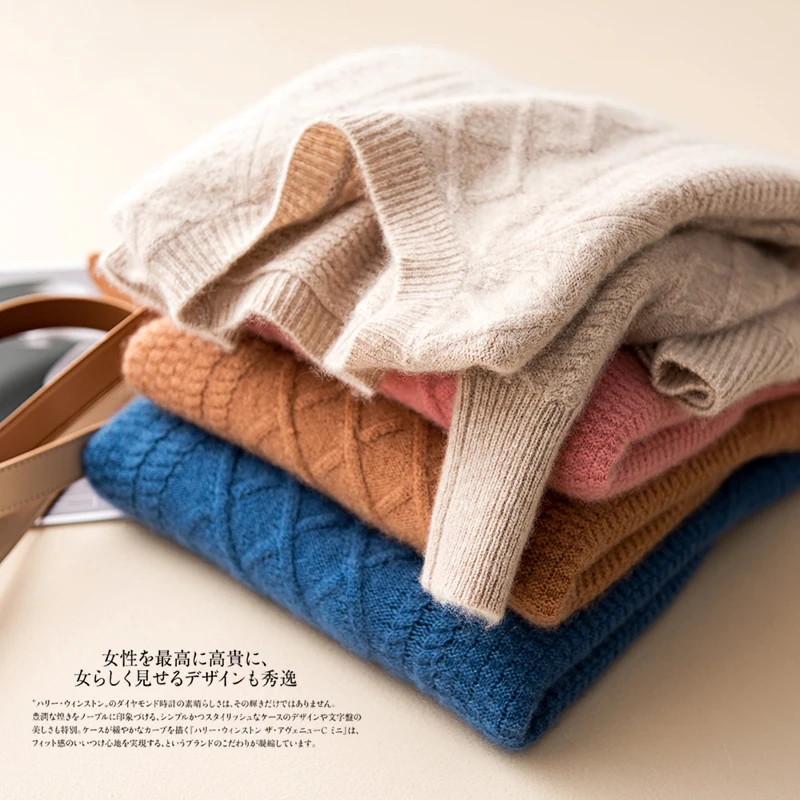 

Cashmere Sweater Women Knitted Jumper Winter Warm Thick Pullover Round Neck Natural Wool Sweaters Argyle Shaped Casual Jacket