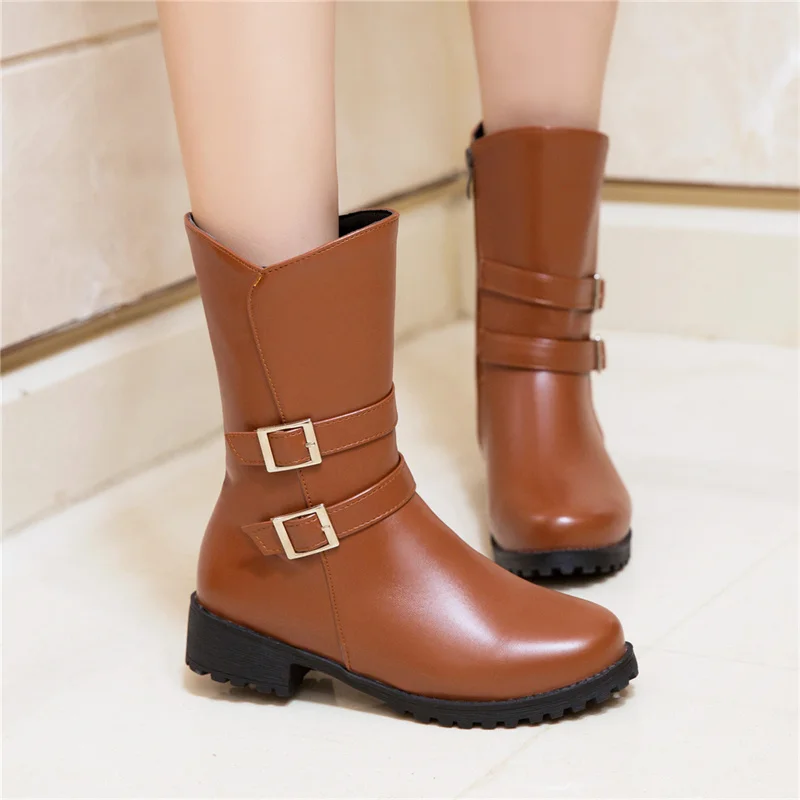 

YQBTDL Double Belt Buckle Ankle Booties Woman Shoes Mid Heels Side Zipper Warm Daily Winter 2022 New Mujer Botas Drop Ship Brown