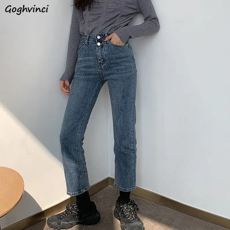 

Jeans Women Double Buttons High Waist Classical Vintage Retro Korean Style Students Ankle-length Length Casual Female Daily Ins
