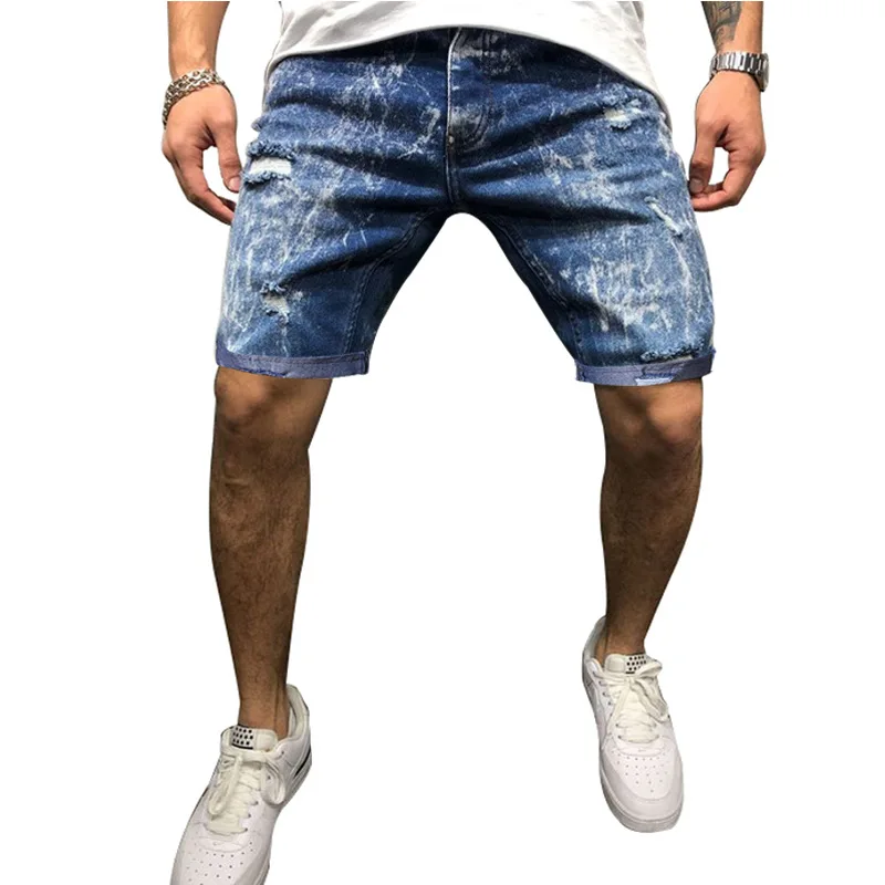

Cotton Snowflake Hole Casual Jeans Shorts Men 2021 Summer New Mid-waist Straight Ripped Knee Long Board Denim Shorts