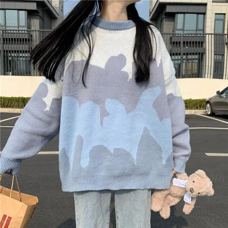 

MINGLIUSILI Korean Style Knitted Sweater Women Autumn Winter Fashion Print Pullover Long Sleeve O-neck Loose Casual Sweaters