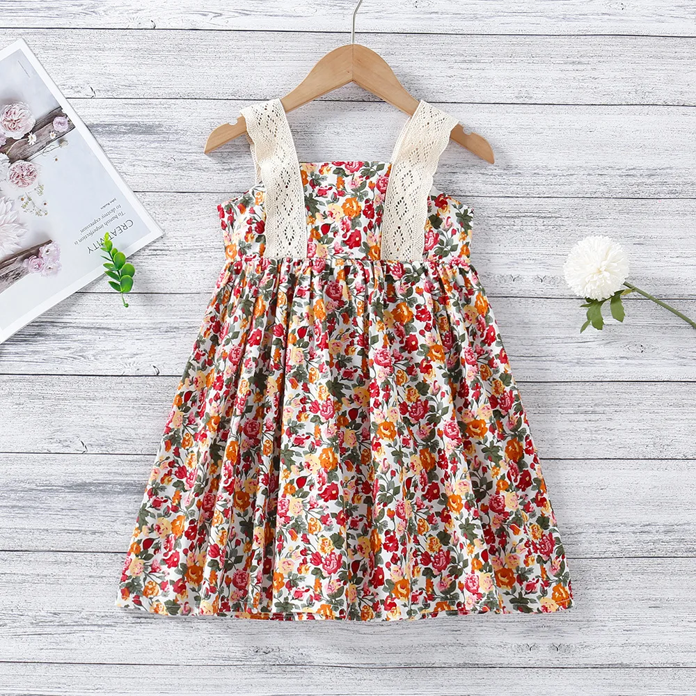 

2021 Summer Sleeveless Dresses For Girls New Baby Clothes Cute Floral Lace Stitching Strap Princess Dress For 1-5 Years