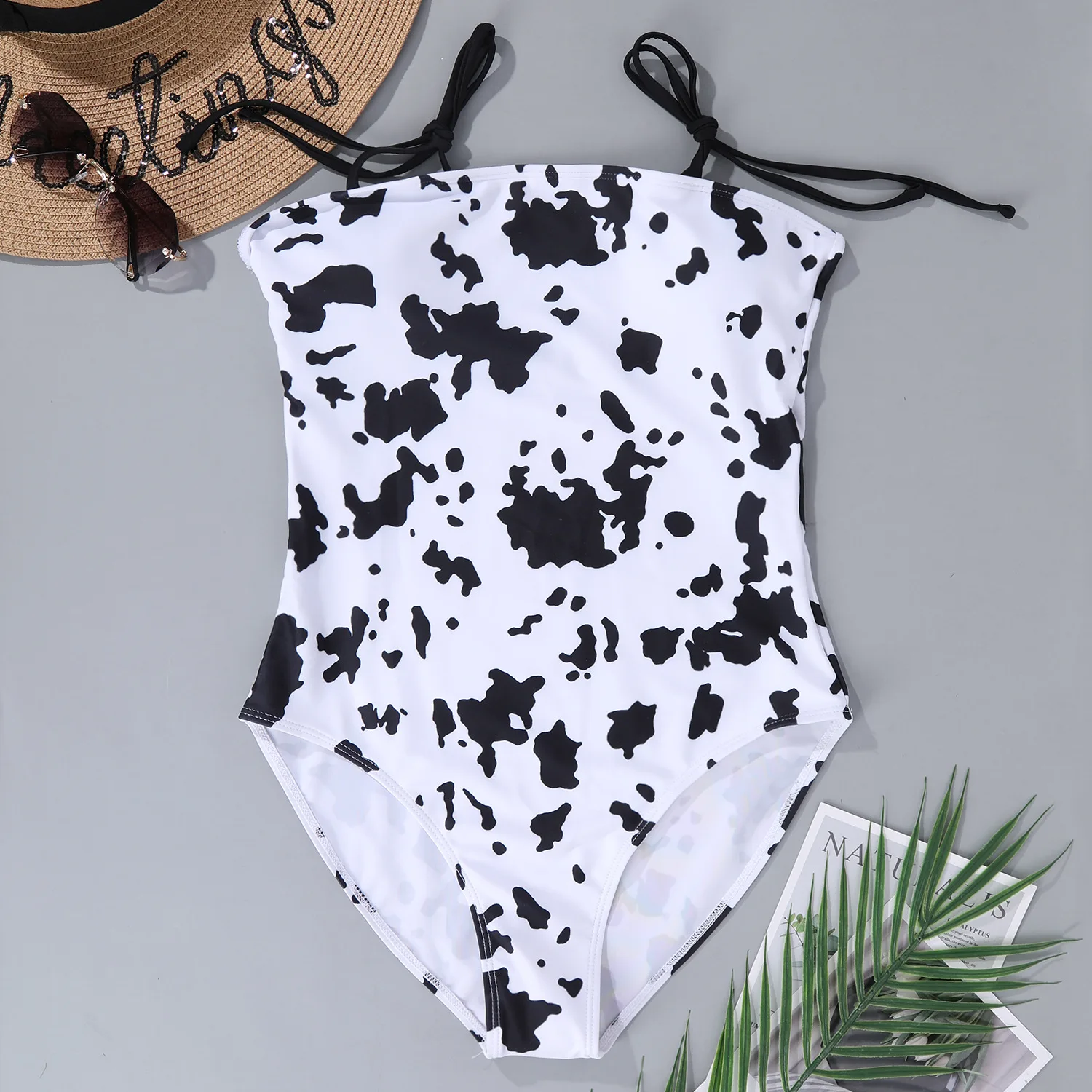 

2021 NEW Cow Pattern Suspender Sexy one-piece Swimsuit Black and White swimsuit women