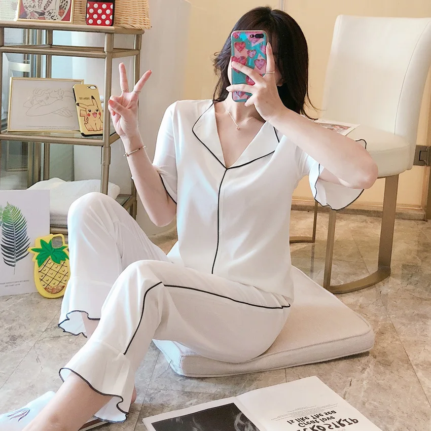 

Shirt Long Pants Nightsuits Sleep Set Women Short Sleeve Nightgown Suit V-Neck Pajamas Lounge Robe Summer Sleepwear Nighties