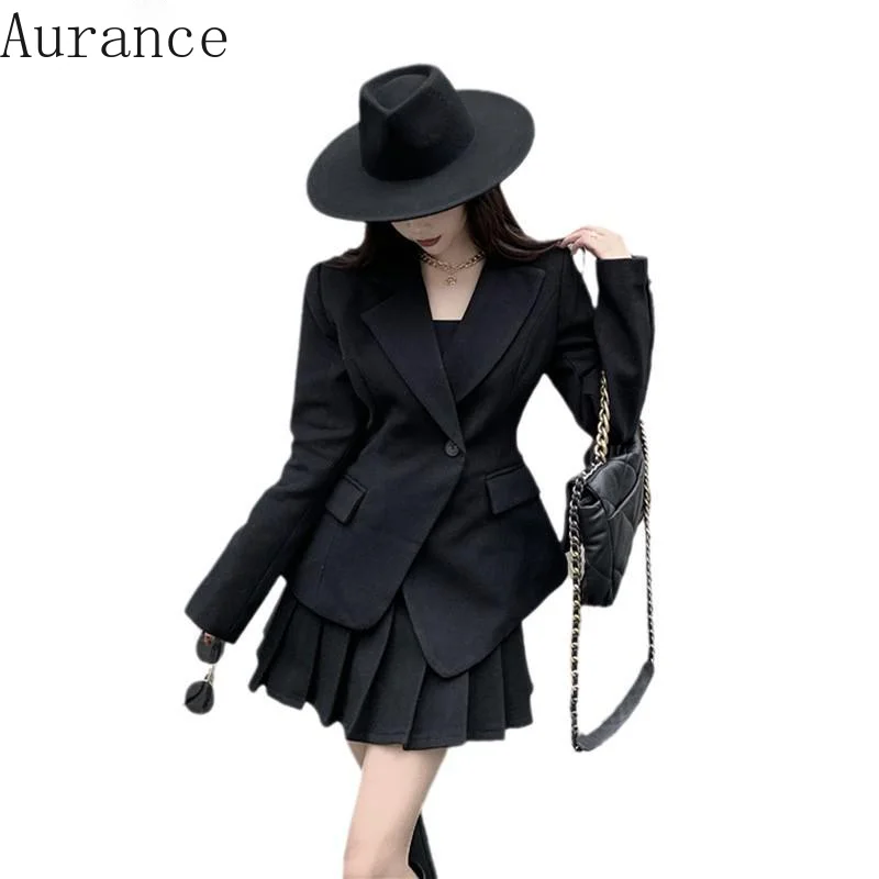 

[Aurance] Women Vintage White Black Suit Blazer Women Soild Jackets All Match Woolen Suit Coats 2021 New Fashion Long Blazers