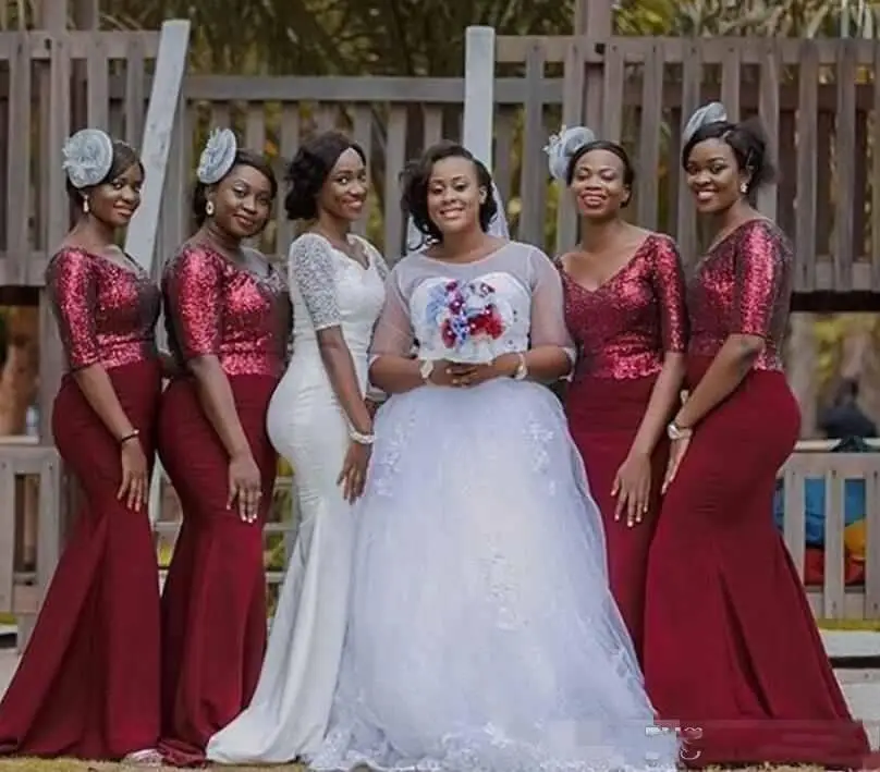 

African Nigeria Sequins Mermaid 2021 V Neck Half Sleeve Sequins Maid Of Honor Wedding Gust Gown Bridal Bride