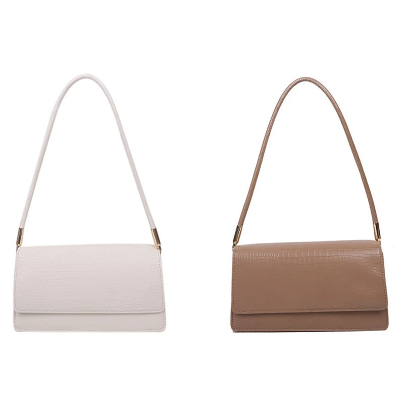 

2 Pcs Women Baguette Handbags Soild Colour AII Match Ladies Underarm Shoulder Bags Female Armpit Bag, White & Khaki