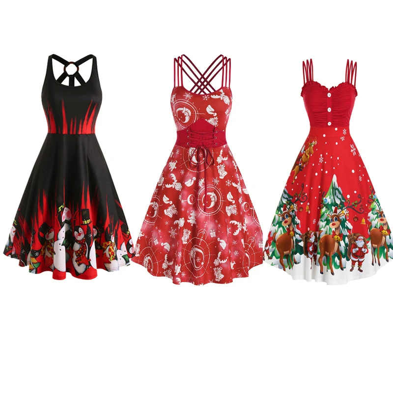 

Christmas Print Flare Vitage 50s Plaid Panel Dress Crisscross Cami A Line Dress Sleeveless High Waist Mini Swing Party Dress
