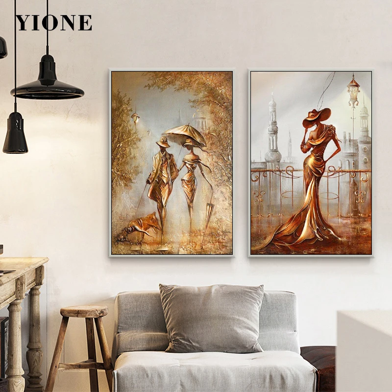 

Retro Romantic Couple Canvas Paintings Abstract Rain Street Landscape Lover Kiss Posters and Prints Wall Art Decoration Pictures