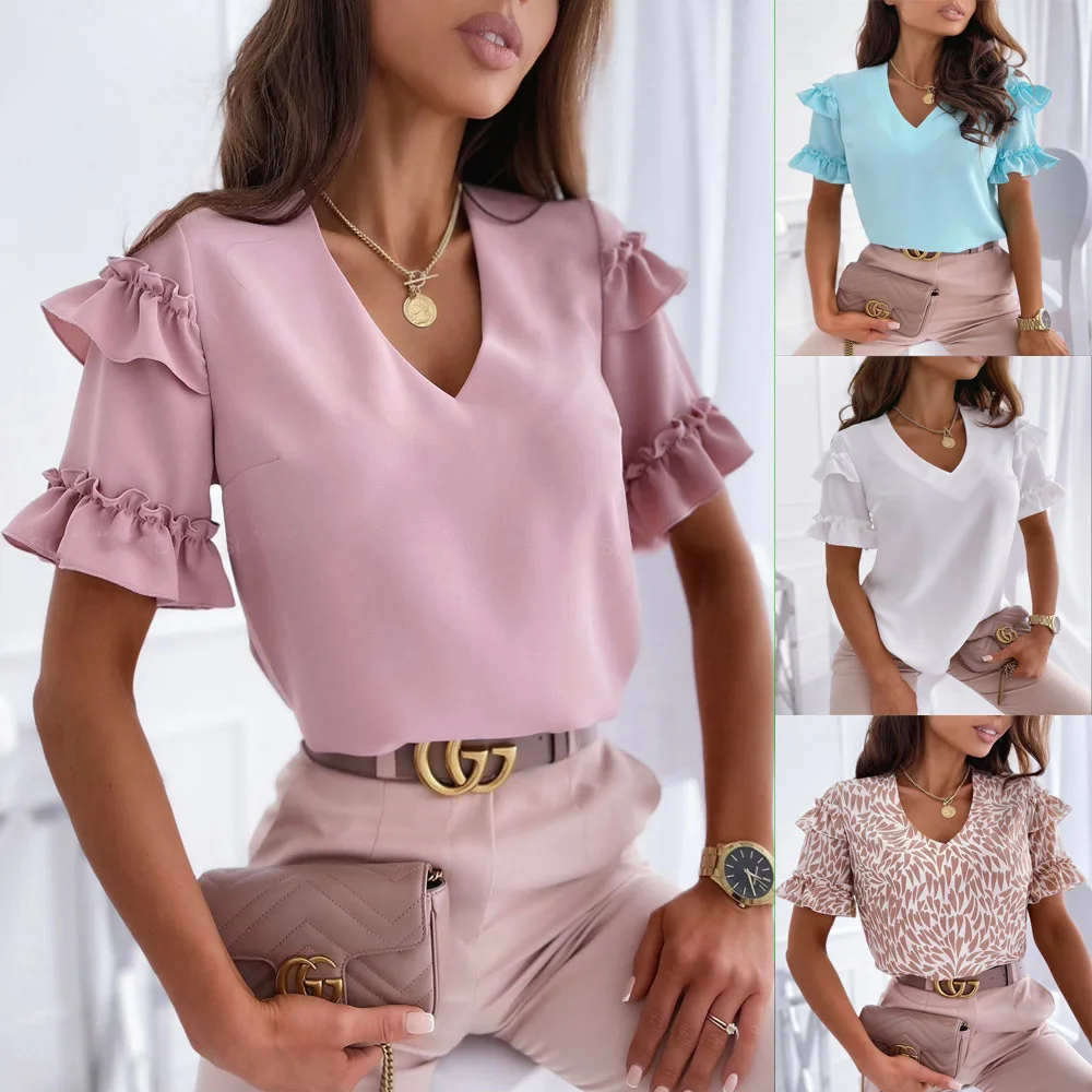 

Blouses Women's Tops Summer Female Blouse Ruffles V-Neck Short Sleeve Transparent Top For Woman Shirts Femme Blusas mujer 2021