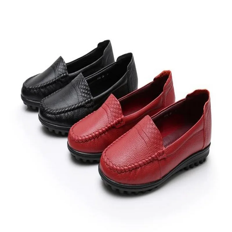 2020 Fashion Soft Genuine Leather Round Head Women Casual Flats Ladies Slip On Loafers New Mother Single Shoes