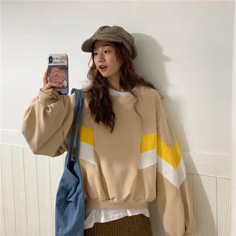 Модные толстовки для школьниц цветная контрастная Женская одежда с круглым
