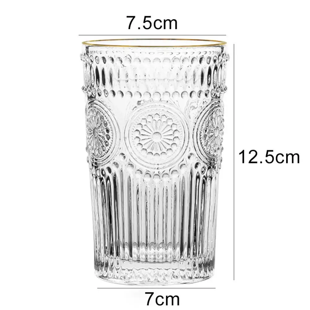 

Hot Sales 260/380ml Vintage Sunflower Engraved Gilded Glass Cup Coffee Wine Clear Mug