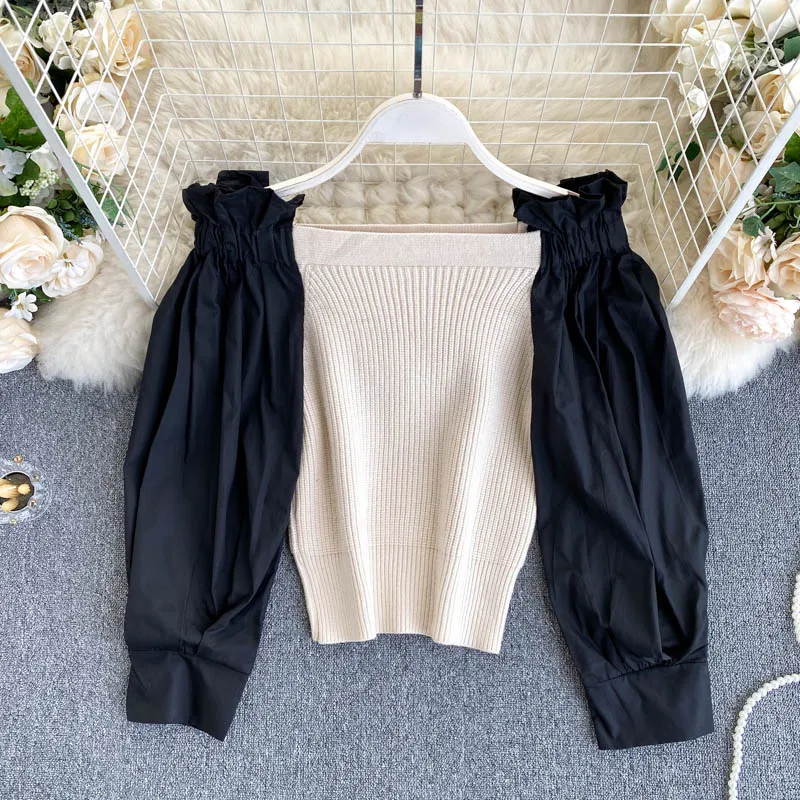 Осень 2020 Новый женский дизайн с рукавами-пузырями сшитые Короткие ретро вязаные