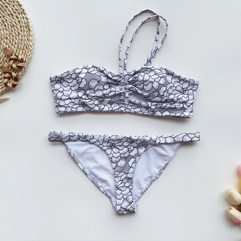 

New Style Printed Bikini Flower High Waist Sling Shoulder Swimsuit Women Hollow Swimwear Split Strap Beach Push-up Bikini Set