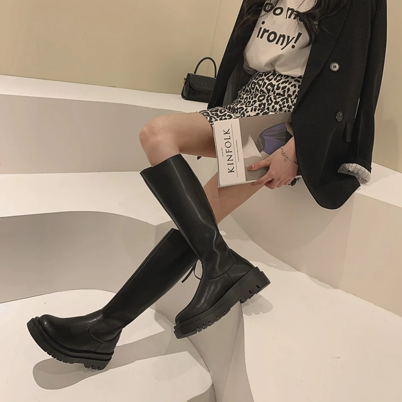 

DLEK Women High Boots Platform Chunky Spring Zipper Knne-High PU Leather Fashion Ladies Black Middle Heel Shoes