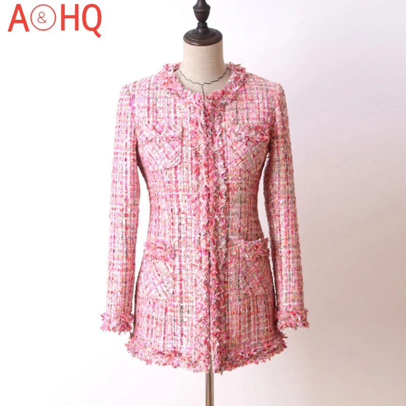 

Женская твидовая куртка с блестками, длинное розовое пальто, куртка от кутюр, Осень-зима 2021