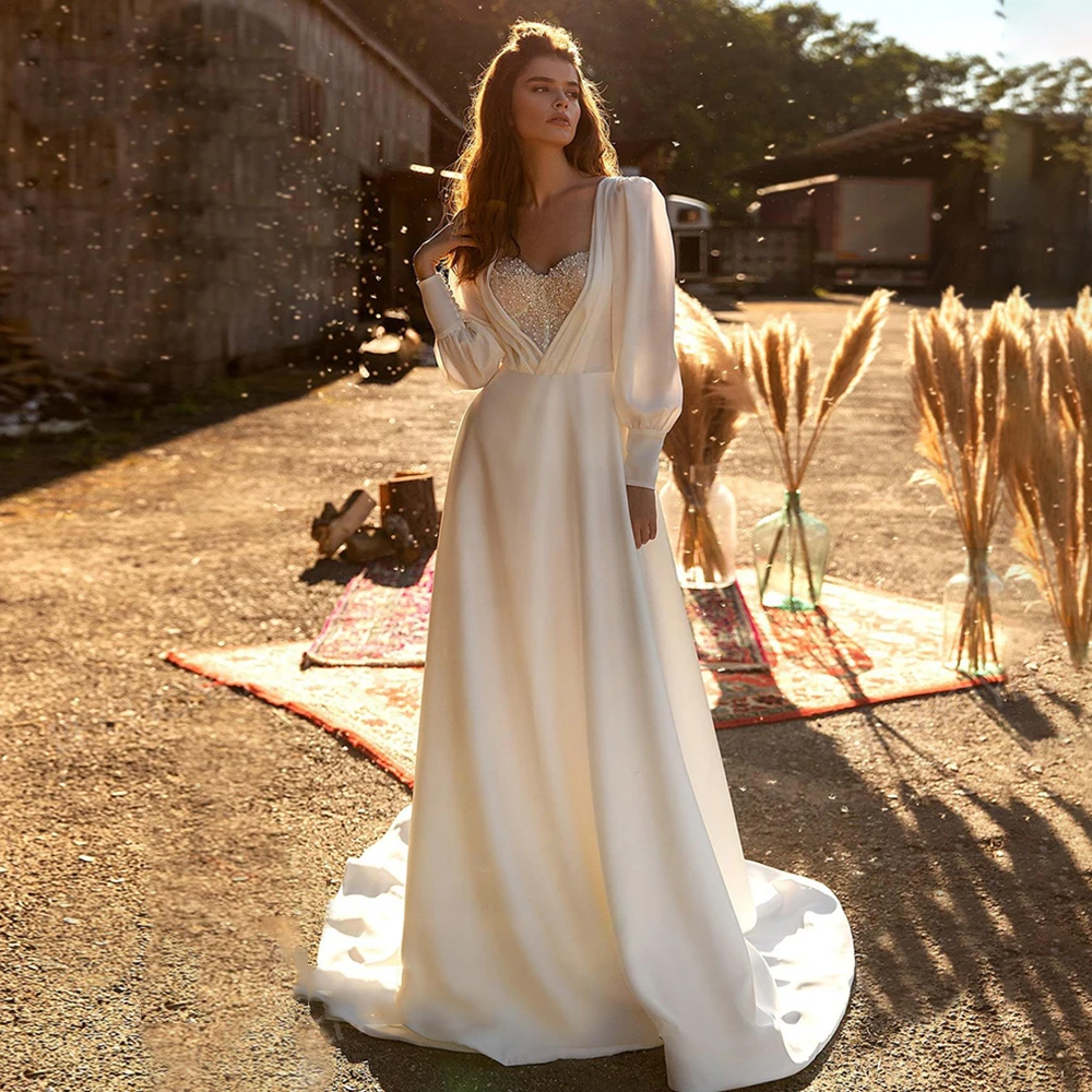 

Charming Long Puff Sleeve Wedding Dress Beaded Strapless A-Line Zipper Back Bridal Gowns 2021 Vestido De Noiva