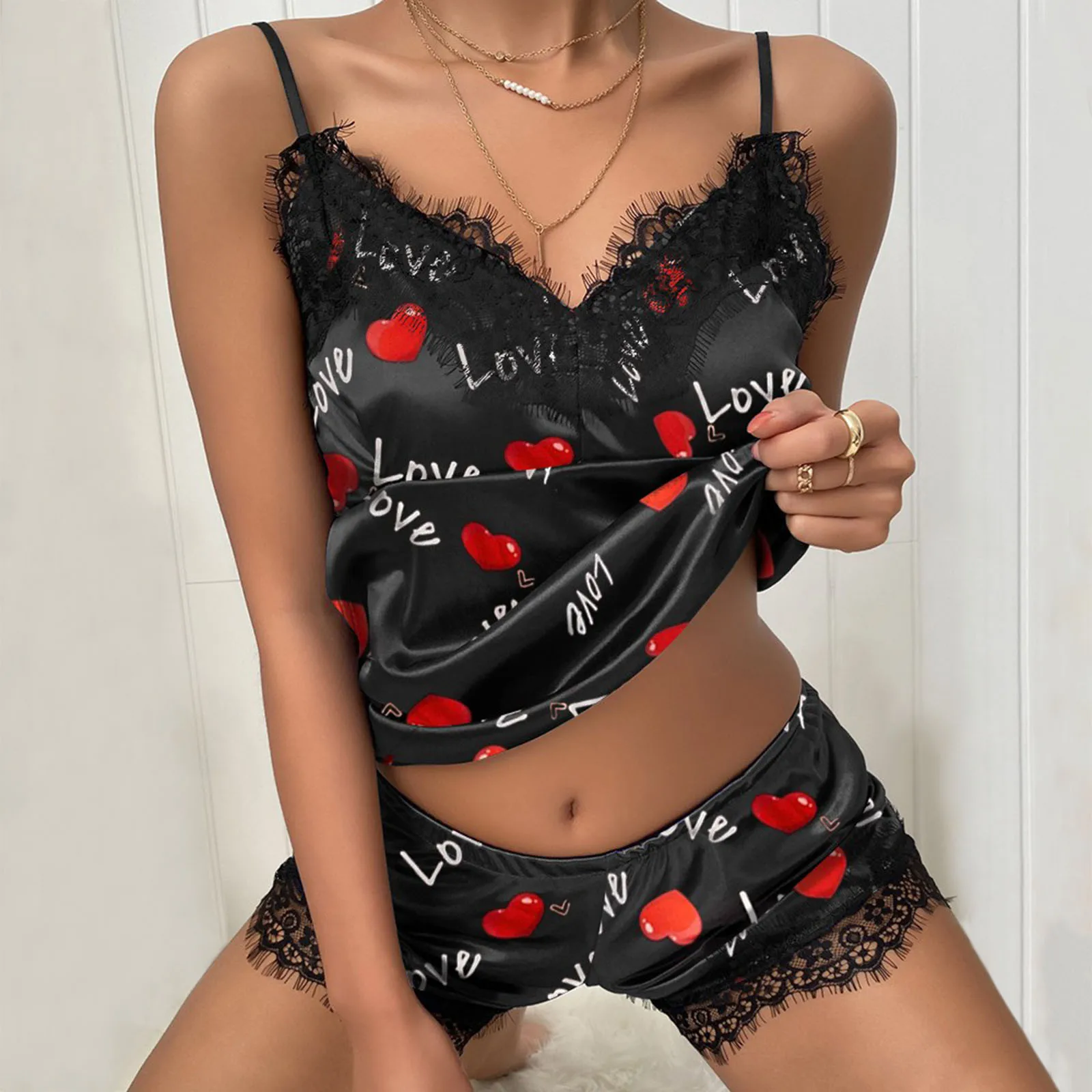 

Women Sexy Lace Pjs Sleepwear Pajama Sets Two Piece Pyjamas Heart-shaped Satin V-Neck Silky Sling Nightwear Suit for Female Lady
