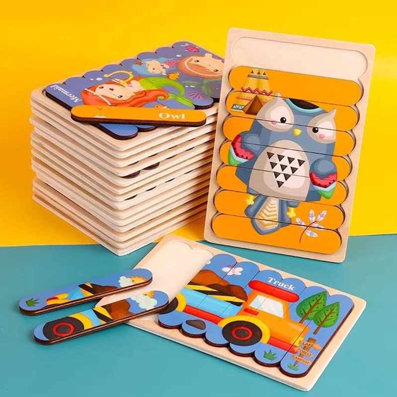 

Kids Animal 3D Wooden Puzzle Montessori Toy Double-sided Strip Puzzle Telling Story Stacking Jigsaw Educational Toy for Children