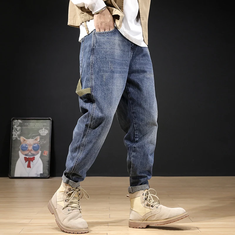 

Newly Designer Fashion Men Jeans Retro Blue Big Pocket Casual Denim Cargo Pants Streetwear Hip Hop Wide Leg Baggy Harem Trousers