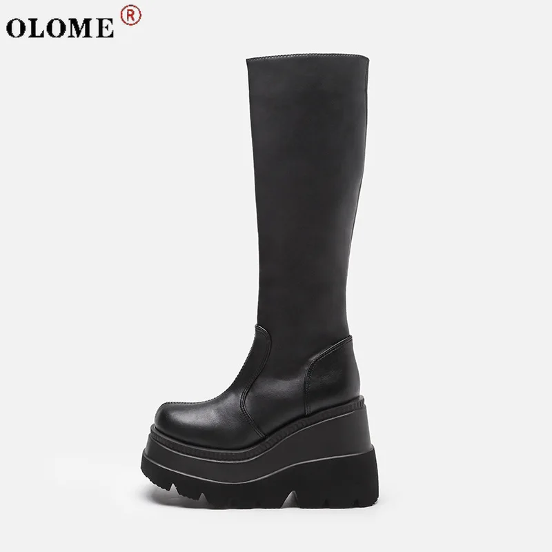 

Ladies Motorcycle Black Wedge High Heels Thick-soled Fashion Cool Autumn and Winter Motorcycle Boots Shoes Women's Boots 43