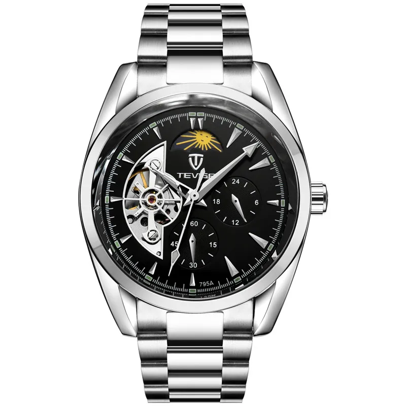 silver black TEVISE мужские часы Tourbillon Moon Phase Роскошные бизнес нержавеющая сталь Лидирующий бренд механические наручные часы автоматические часы relojes - Цвет: silver black
