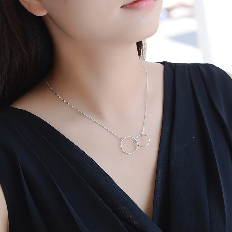 Женское ожерелье из серебра 925 пробы с кулоном в виде двух колец|Ожерелья| |