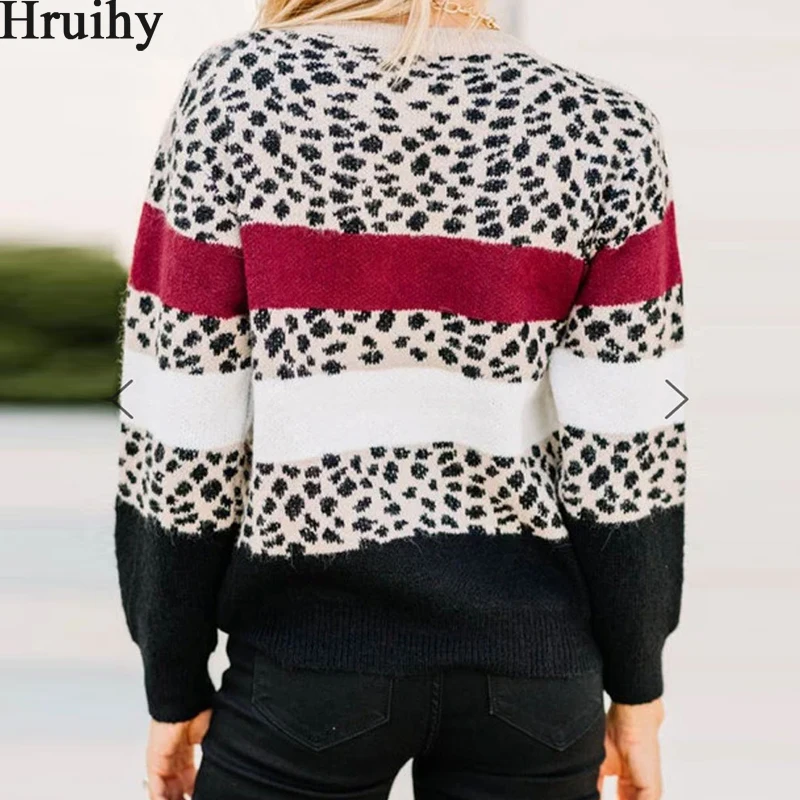 

Winter Clothes Women Long Sleeve O Neck Striped Leopard Patchwork Casual Oversized Sweater Fashion Streetwear Women's Pullover