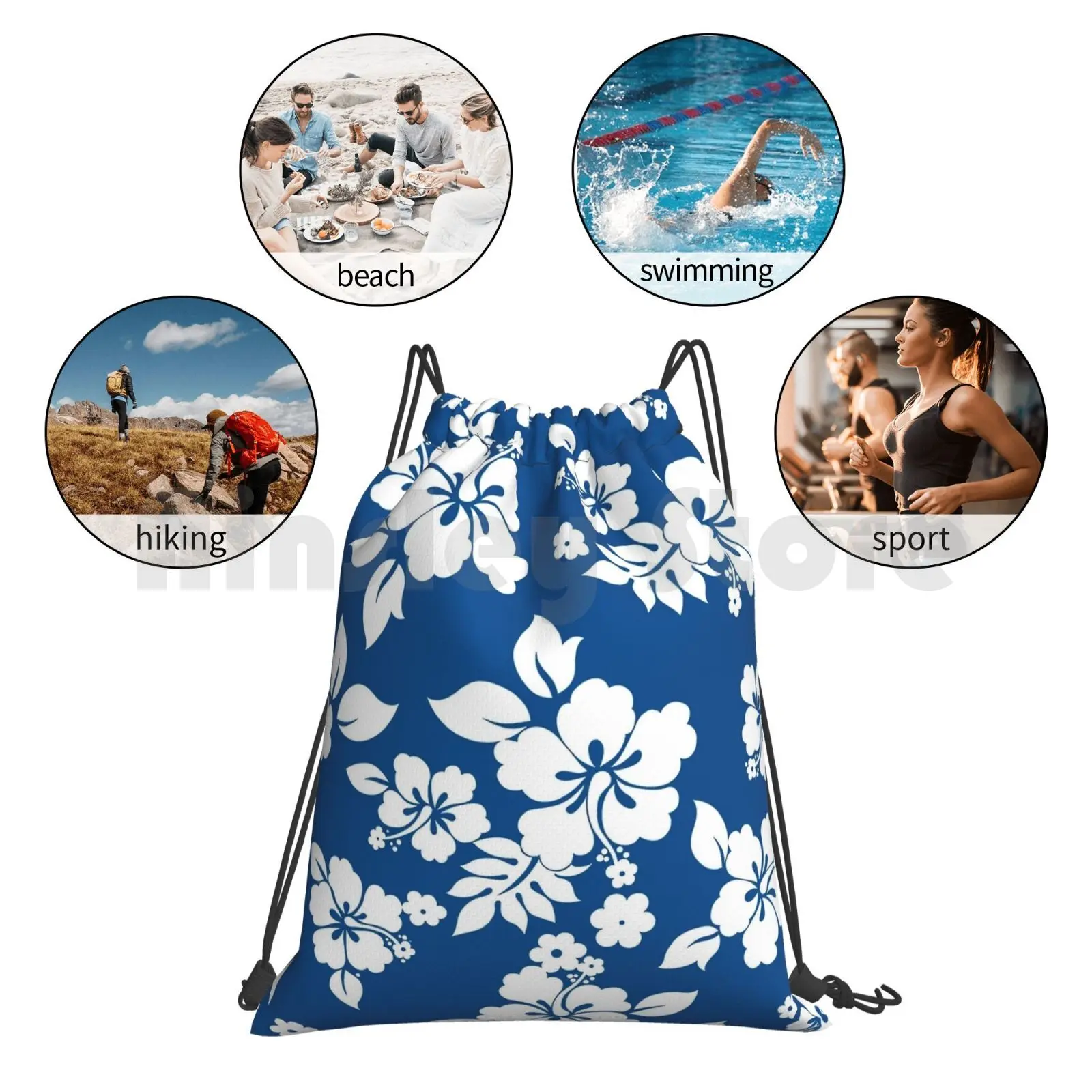 

Hawaiian Pattern-Blue Backpack Drawstring Bags Gym Bag Waterproof Blue Hawaiian Hibiscus Floral Hawaii Tropical Island