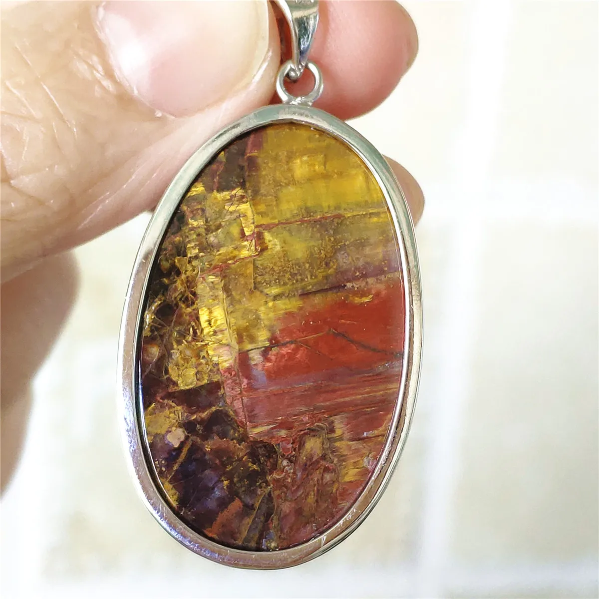 

Genuine Natural Red Yellow Pietersite Chatoyant Pendant 39x24x10mm Namibia Women Men Cat Eye 925 Sterling Silver AAAAAA