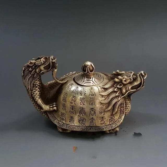 

LAOJUNLU Brass Silver Plated Dragon Turtle Pot Teapot Decoration Imitation Antique Bronze Copper Collection