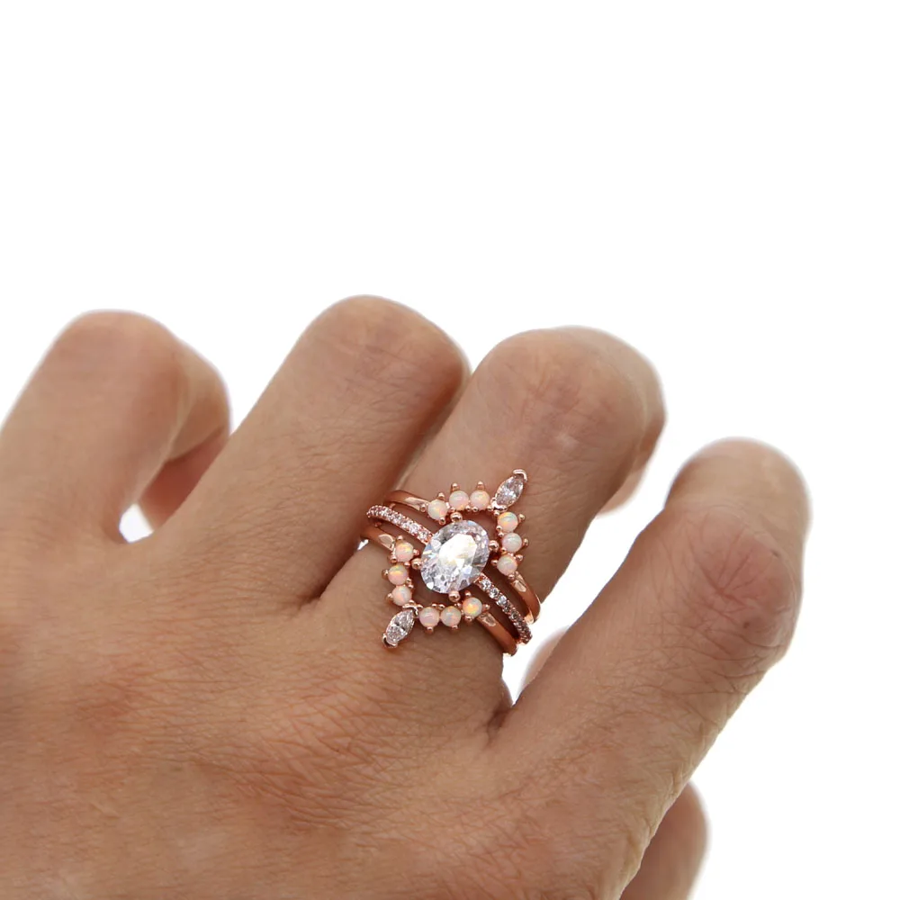 2021 изящное кольцо из трех частей с белым огненным опалом и блестящими камнями CZ