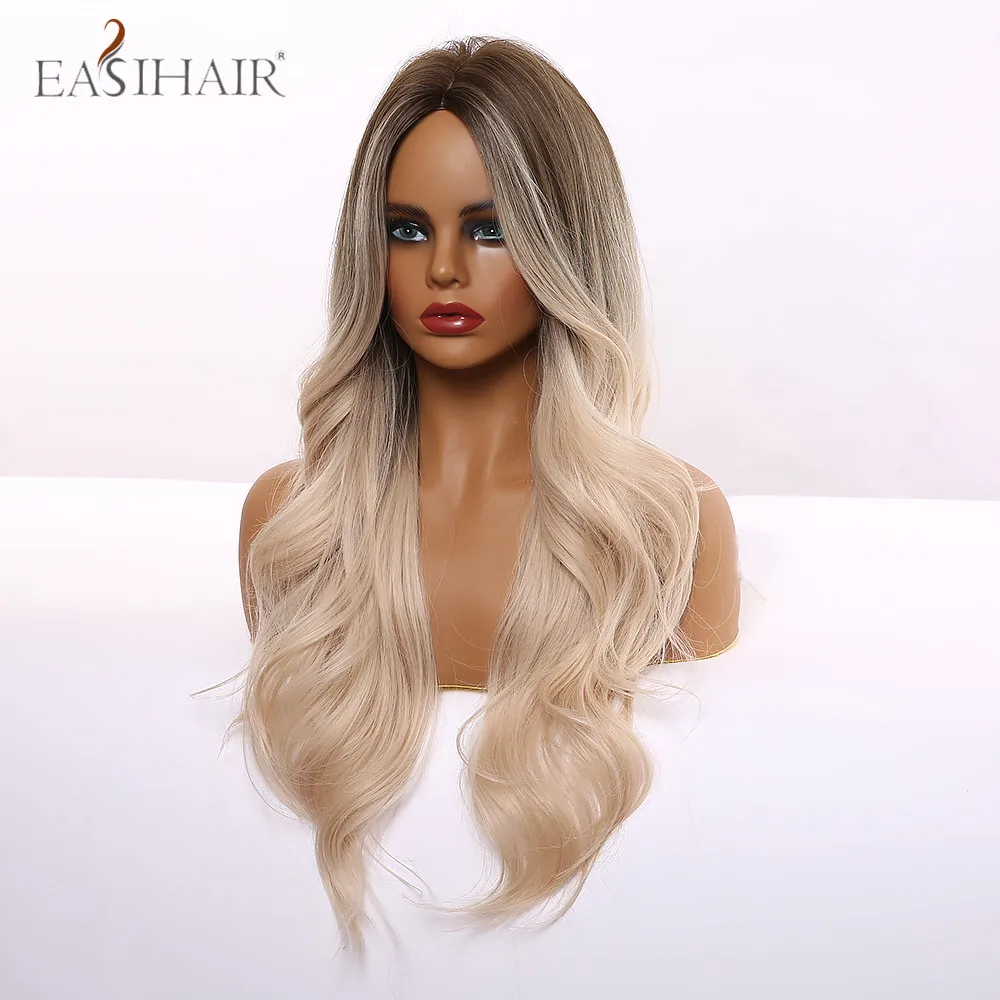 

EASIHAIR Long Natural Wavy Wigs Ombre Ash Brown Blonde Heat Resistant Middle Part Synthetic Cosplay Wigs for Women Faker Hair