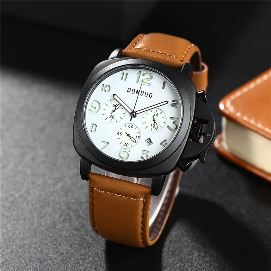 

Часы наручные PONDUO Мужские кварцевые, Роскошные водонепроницаемые аналоговые спортивные, с ремешком из натуральной кожи
