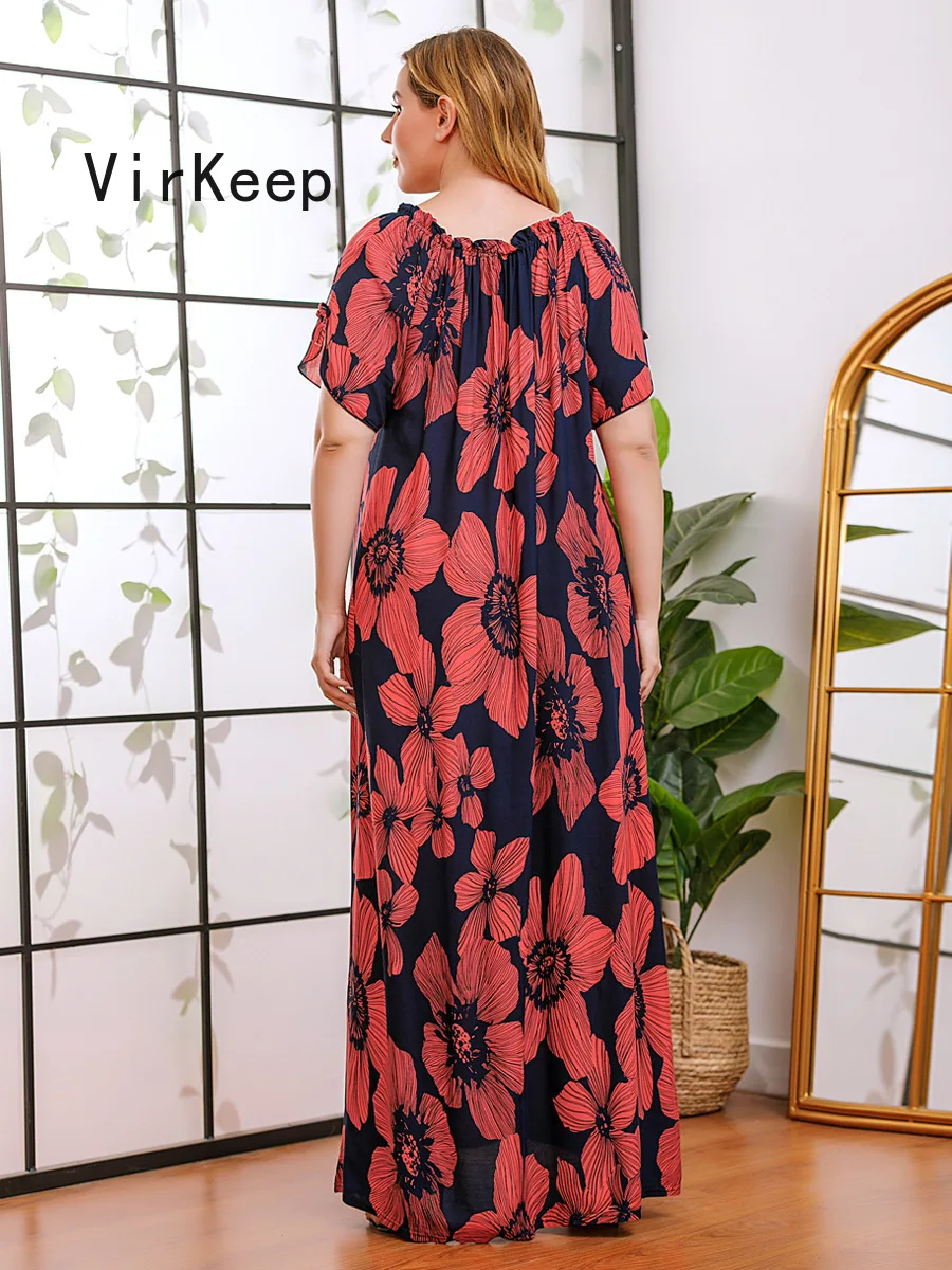 

summer women floral printed dress short sleeve casual plus size dubai muslim abaya ramadan robe kaftan gown VKDR2470