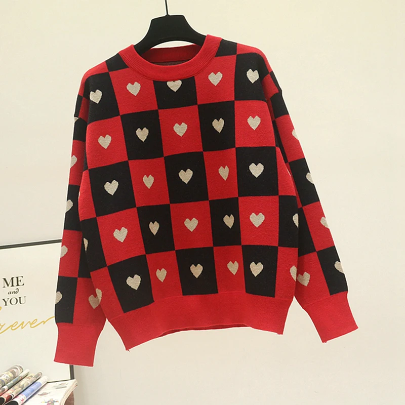 

2021 Autumn Winter Women Cashmere Sweaters Geometric Heart Pattern Long Sleeve Tops Lovely Pullovers Knitted Warm Loose Jumper