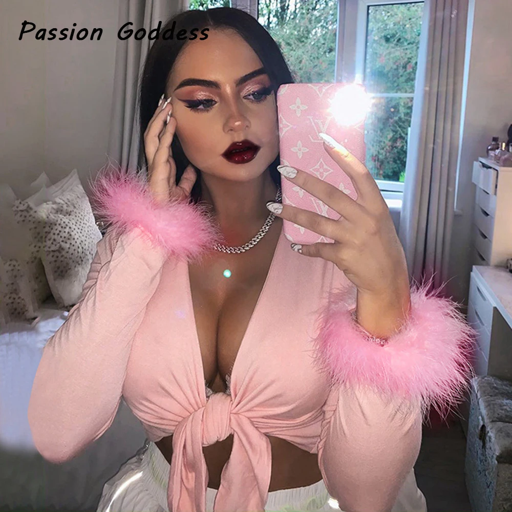 Милый Для женщин и девочек розовый мех укороченные футболки перья длинным