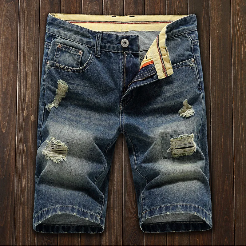 

Summer Thin Denim Shorts Men's Five-point Pants Tide Brand Trend Loose Straight Hole Pants Pants Breeches Frayed