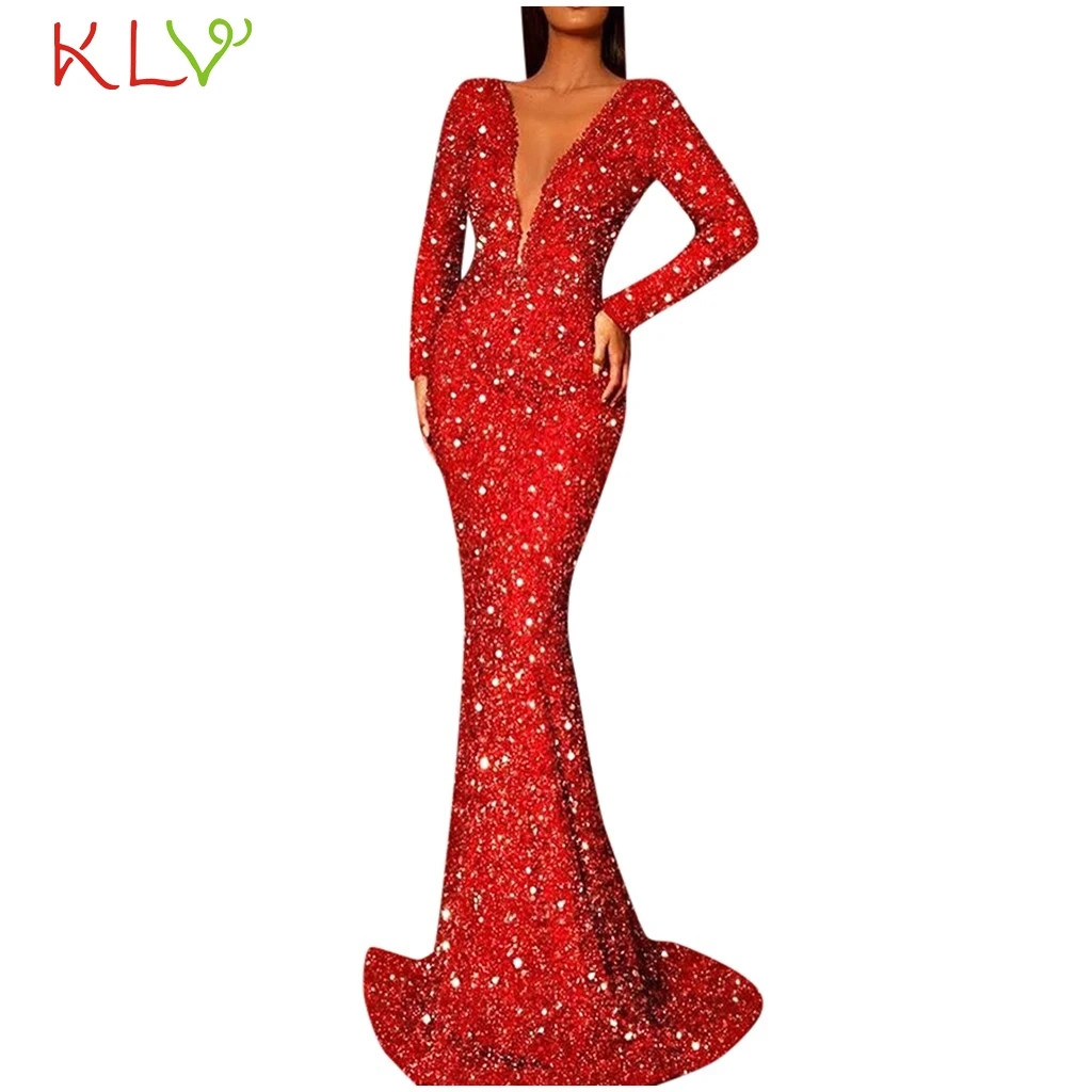 Вечернее платье с блестками сексуальное длинное V образным вырезом и юбкой годе