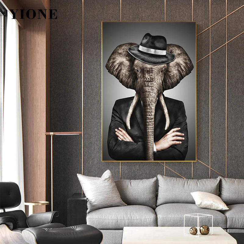 

Nordic Vintage Gentleman Elephant Lion Canvas Painting Abstract Animal Art Prints Wall Poster Picture for Living Room Home Decor