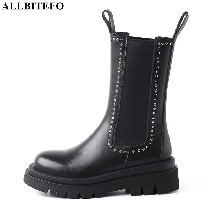 

ALLBITEFO Новое поступление натуральная кожа толстый каблук ботильоны для женщин зимние женские сапоги на высоком каблуке обувь Bottes femme