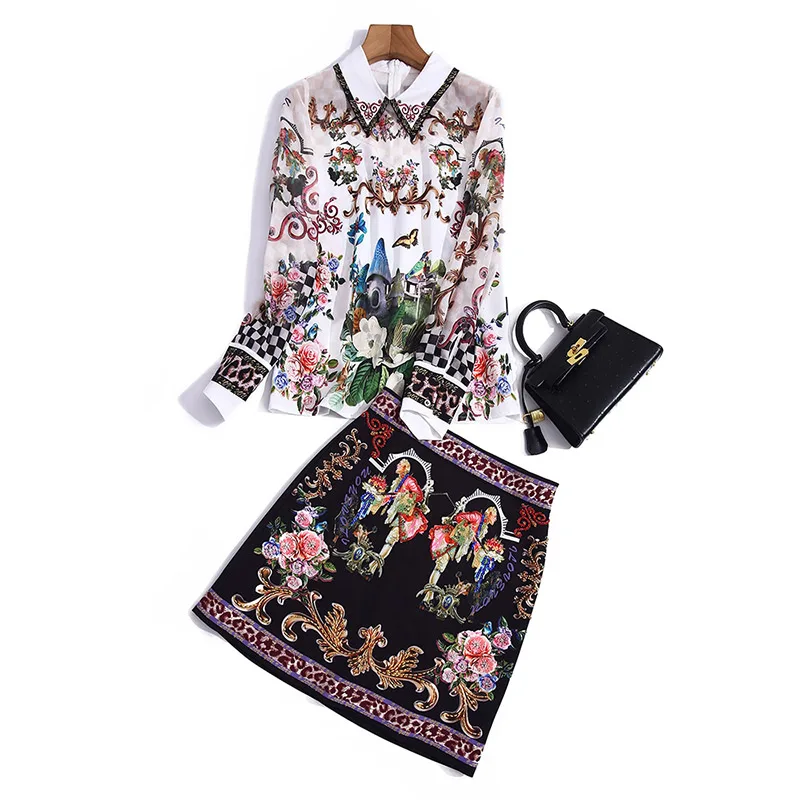 

of 2021 the new women's clothing collar joker printed long-sleeved shirt waist skirt fashion small two-piece outfit
