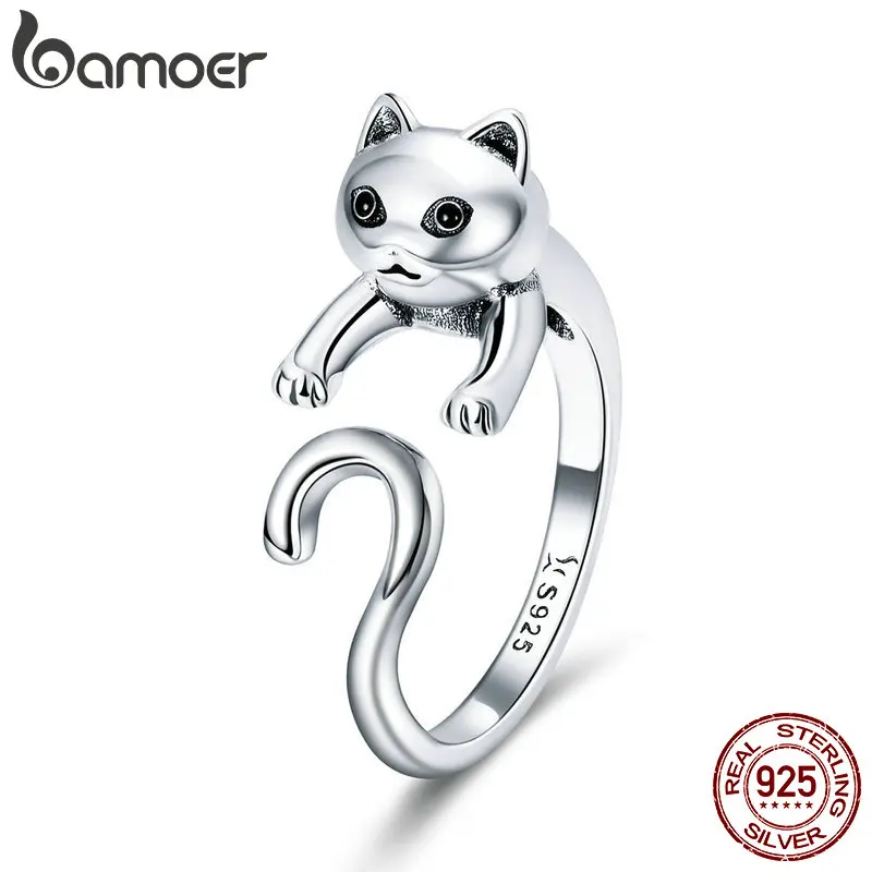 BAMOER, настоящее 925 пробы, серебряные, длинный хвост, озорной кот, палец, кольца для женщин, регулируемый размер, Стерлинговое серебро, ювелирные изделия SCR409